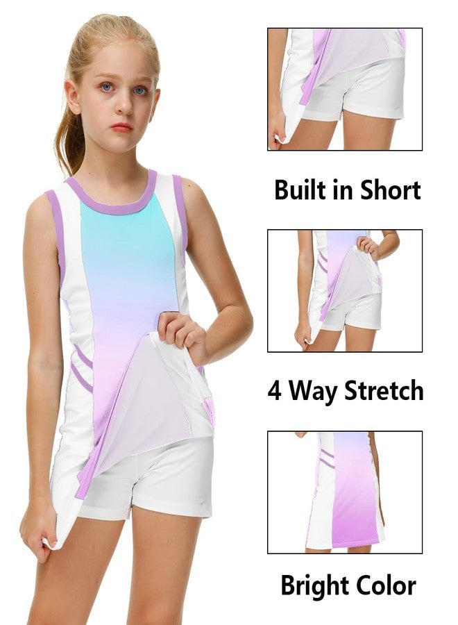 AOBUTE Girls Tennis Outfit Golf Tank Dress 2 Piece Sleeveless Outdoor Sports Clothes Set Gradient Purple 6-7 Years - Image 3